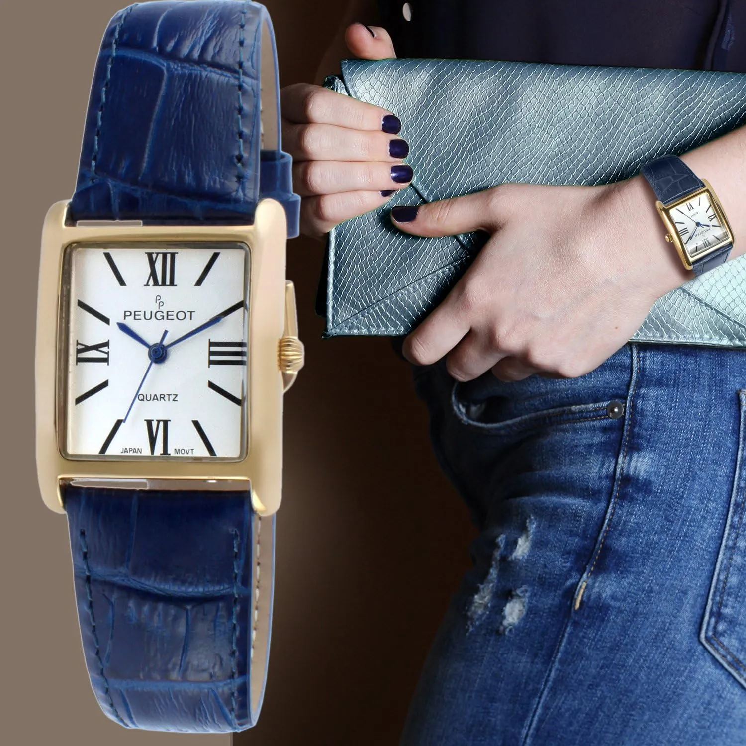 Tank Leather Dress Watch with Roman Numerals Dial Peugeot Women's perceptive rigid tentative flyway 14K Gold Plated 