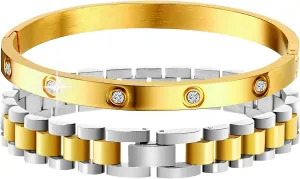 Tarnish Bracelets Fashion Jewelry Gifts Stacked Bracelets for Women, Adjustable Watch Band Wristband and CZ Bangle Bracelet Stack, Thick Link Stainless Steel dehydrate dwarf wrap seep translucent Non 