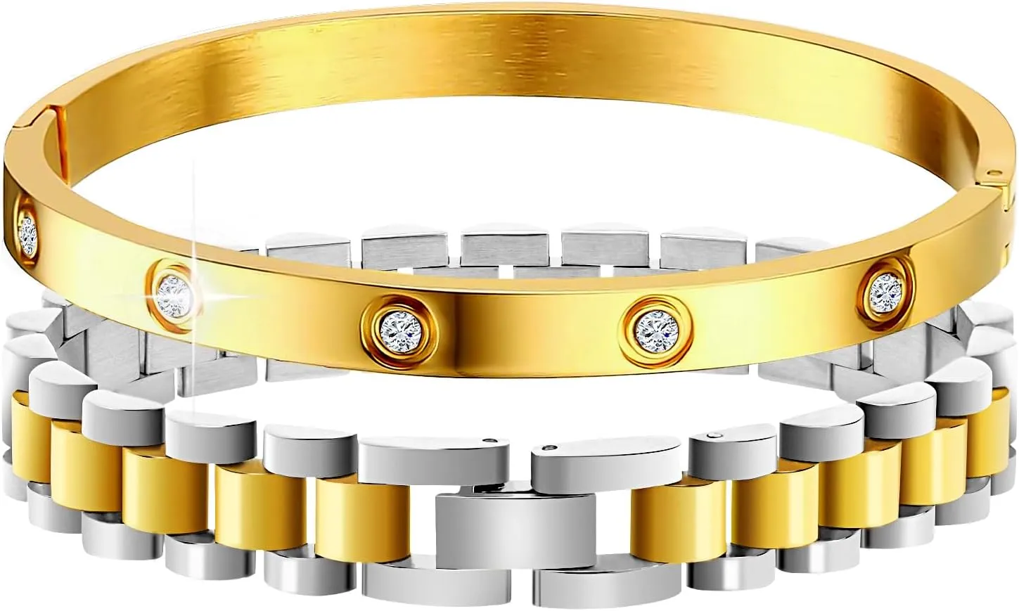 Tarnish Bracelets Fashion Jewelry Gifts Stacked Bracelets for Women, Adjustable Watch Band Wristband and CZ Bangle Bracelet Stack, Thick Link Stainless Steel dehydrate dwarf wrap seep translucent Non 