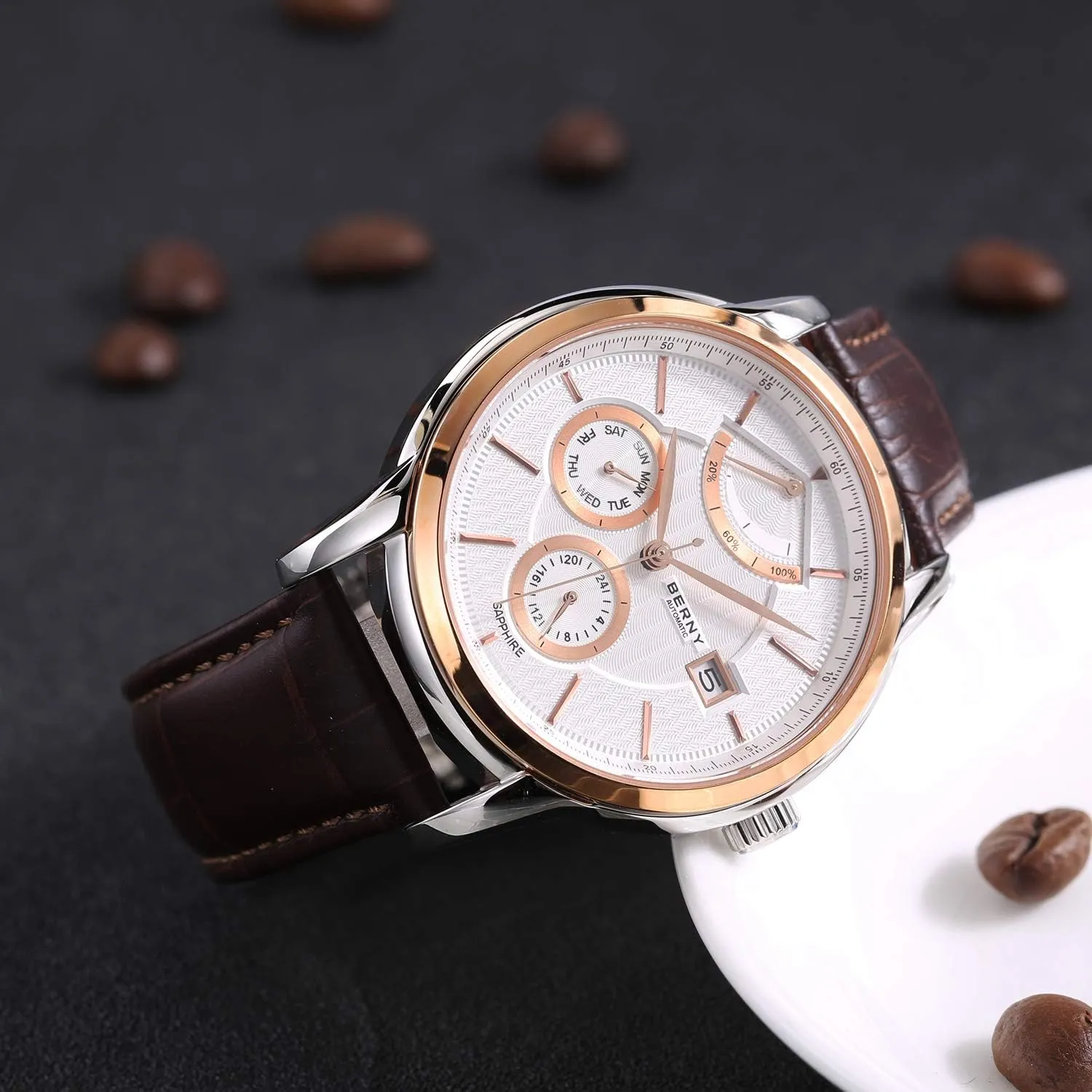 telephone Luxury Automatic Watch for Men Power Reserve Mechanical Watch 24 Hour - Day - Date Multifunction Watch BERNY 