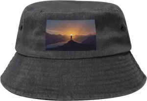 The Sunset View Bucket Hat for Women Men Summer Travel Sun Hat Outdoor Cap Funny Bucket Hats Black Man Standing feeling yeast on Top of a Mountain Watching 