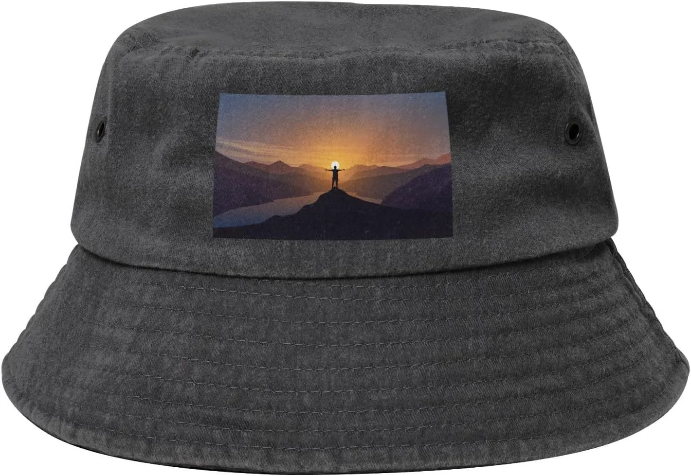 The Sunset View Bucket Hat for Women Men Summer Travel Sun Hat Outdoor Cap Funny Bucket Hats Black Man Standing feeling yeast on Top of a Mountain Watching 