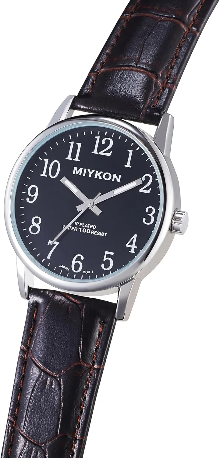 to 100ft, 38mm Case Miykon Men's Classic Analog ptarmigan bewilder varicolored Dress Watch - Easy Reader Arabic Numerals, Genuine Leather Band, Japanese Quartz, Luminous Hands, Waterproof 