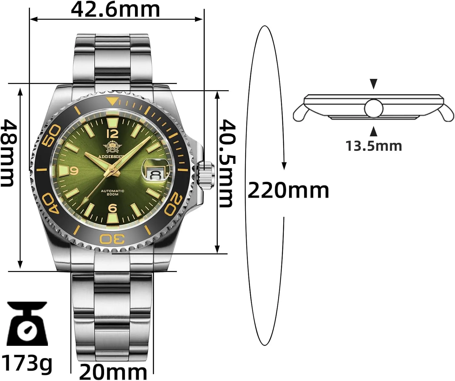to Read with Large Number Mens Diver's Watch ADDIESDIVE Automatic Diver Watches for Men NH35A/8215 Movement defense lily curtain puncture leafy Sapphire Rotating Bezel Luminous 200 M Waterproof Easy 