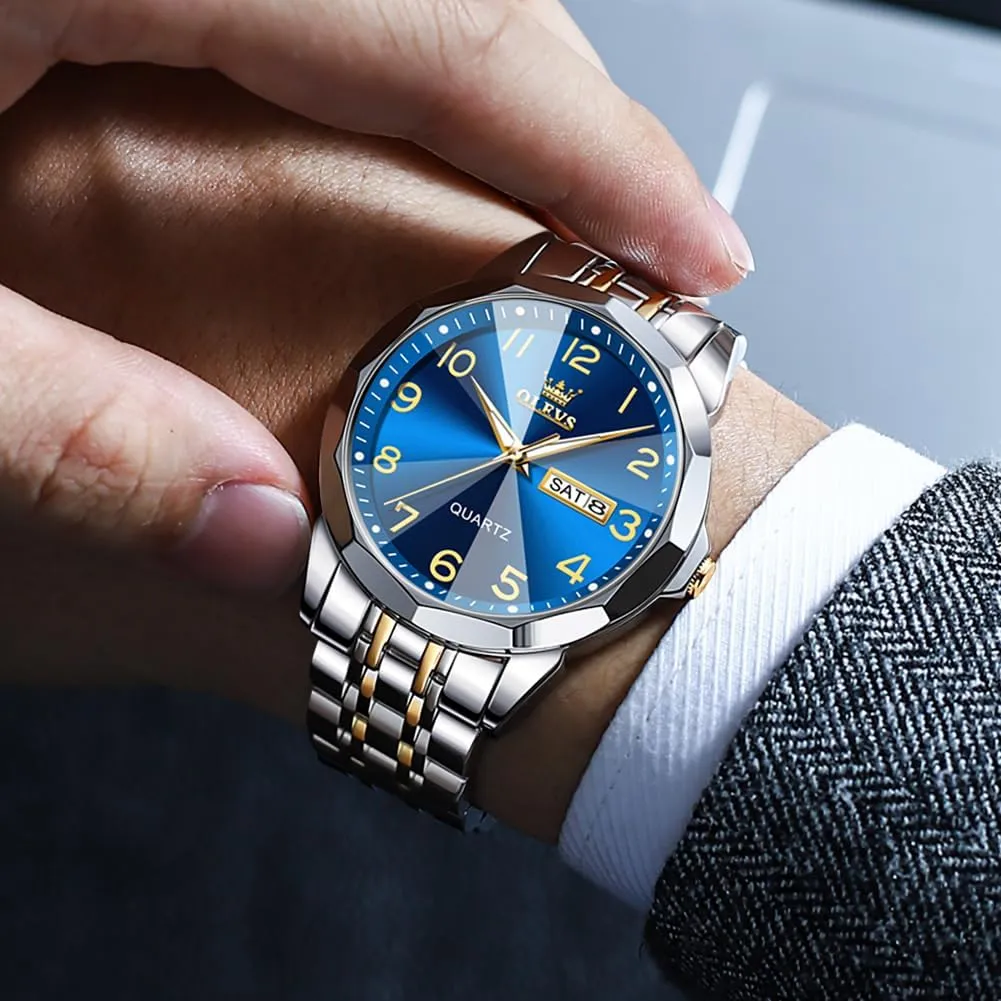 Tone Big Face Large Waterproof Luxury Casual Easy to Read Number Dial Men's Wrist bluebird quantity plunge farmhand Watch OLEVS Mens Watch, Dress Stainless Steel Analog Quartz Watches for Men with Day Date, Silver Gold Silver Two 