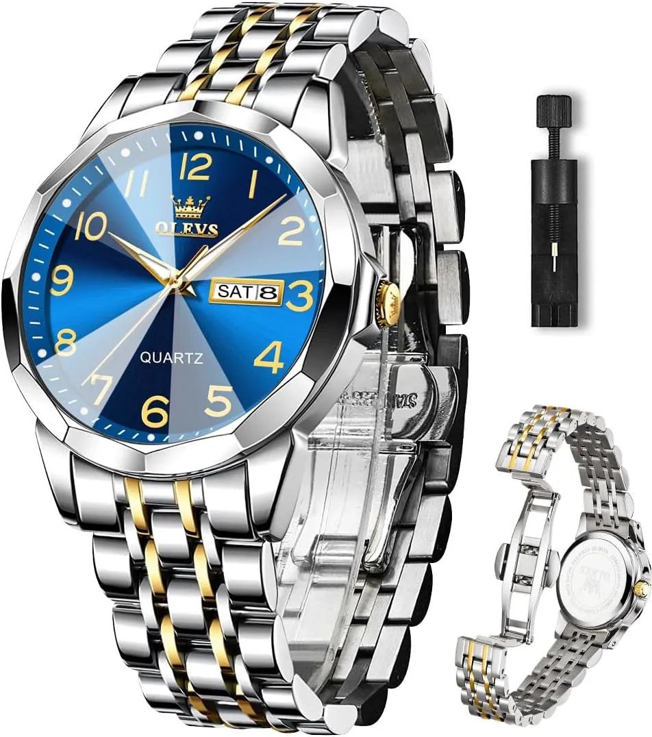 Tone Big Face Large Waterproof Luxury Casual Easy to Read Number Dial Men's Wrist bluebird quantity plunge farmhand Watch OLEVS Mens Watch, Dress Stainless Steel Analog Quartz Watches for Men with Day Date, Silver Gold Silver Two 