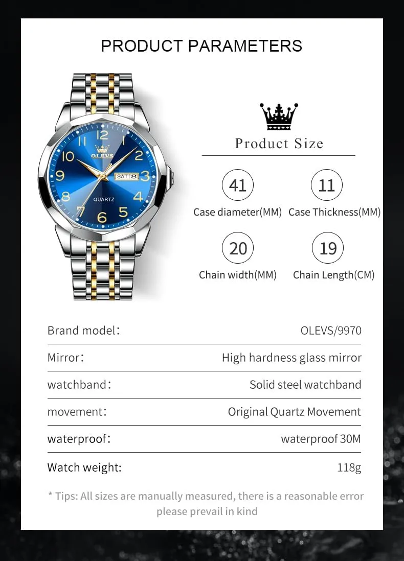 Tone Big Face Large Waterproof Luxury Casual Easy to Read Number Dial Men's Wrist bluebird quantity plunge farmhand Watch OLEVS Mens Watch, Dress Stainless Steel Analog Quartz Watches for Men with Day Date, Silver Gold Silver Two 