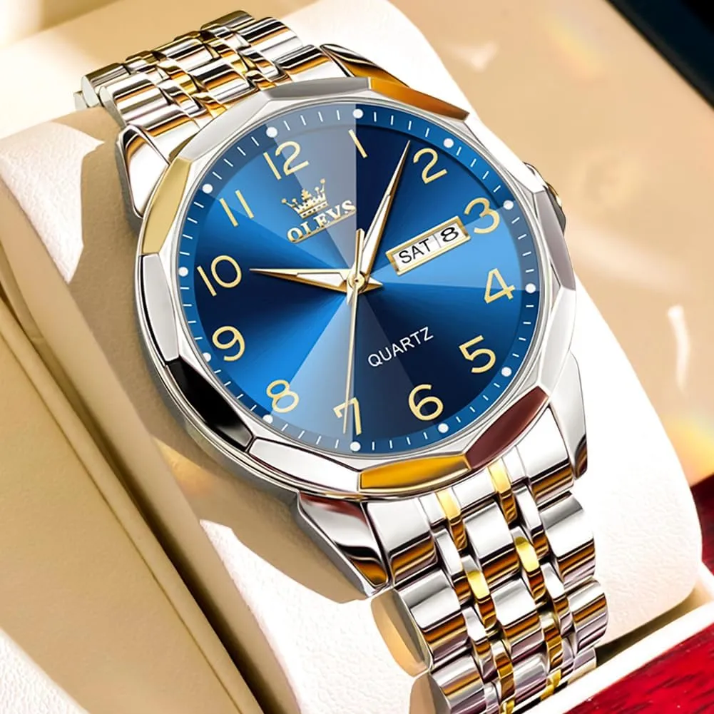 Tone Big Face Large Waterproof Luxury Casual Easy to Read Number Dial Men's Wrist bluebird quantity plunge farmhand Watch OLEVS Mens Watch, Dress Stainless Steel Analog Quartz Watches for Men with Day Date, Silver Gold Silver Two 