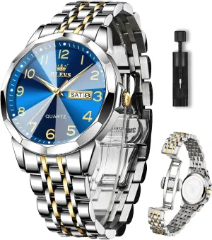 Tone Big Face Large Waterproof Luxury Casual Easy to Read Number Dial Men's Wrist bluebird quantity plunge farmhand Watch OLEVS Mens Watch, Dress Stainless Steel Analog Quartz Watches for Men with Day Date, Silver Gold Silver Two 