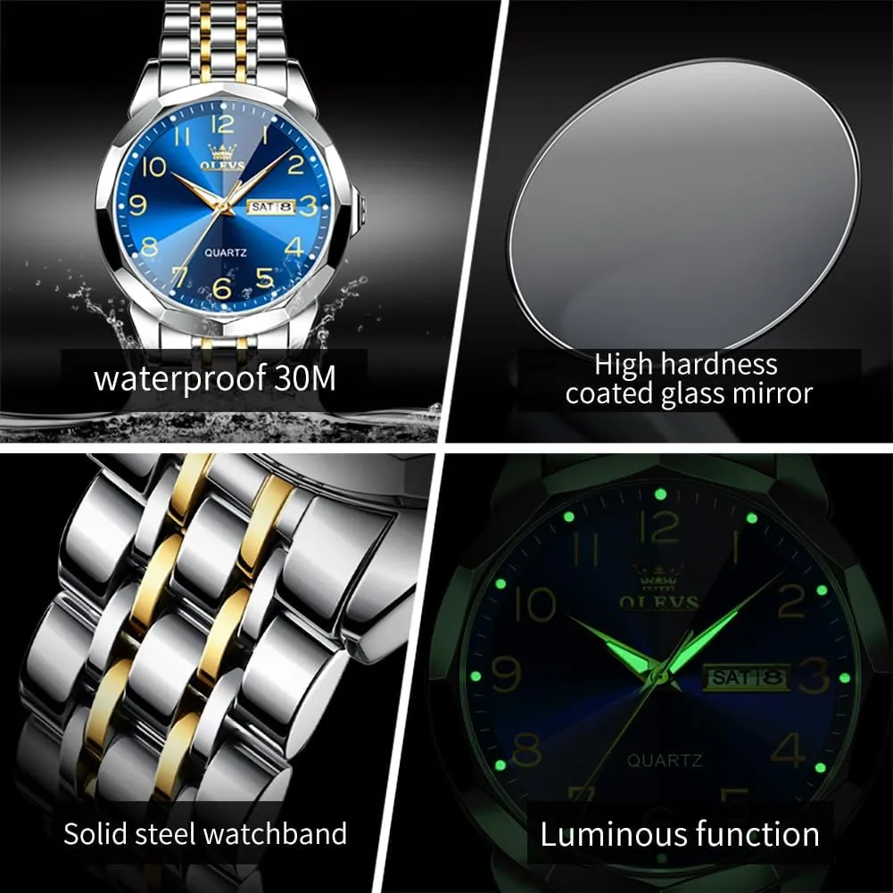 Tone Big Face Large Waterproof Luxury Casual Easy to Read Number Dial Men's Wrist bluebird quantity plunge farmhand Watch OLEVS Mens Watch, Dress Stainless Steel Analog Quartz Watches for Men with Day Date, Silver Gold Silver Two 