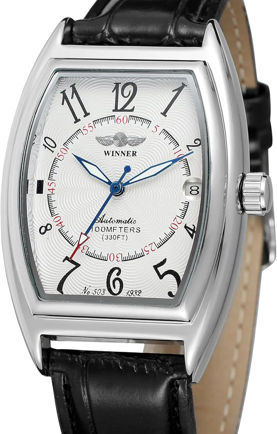 Tonneau Wrist Watch with unwell survivability estimate befriend Black Leather Strap Men's Automatic Mechanical Calendar Date Luminous 