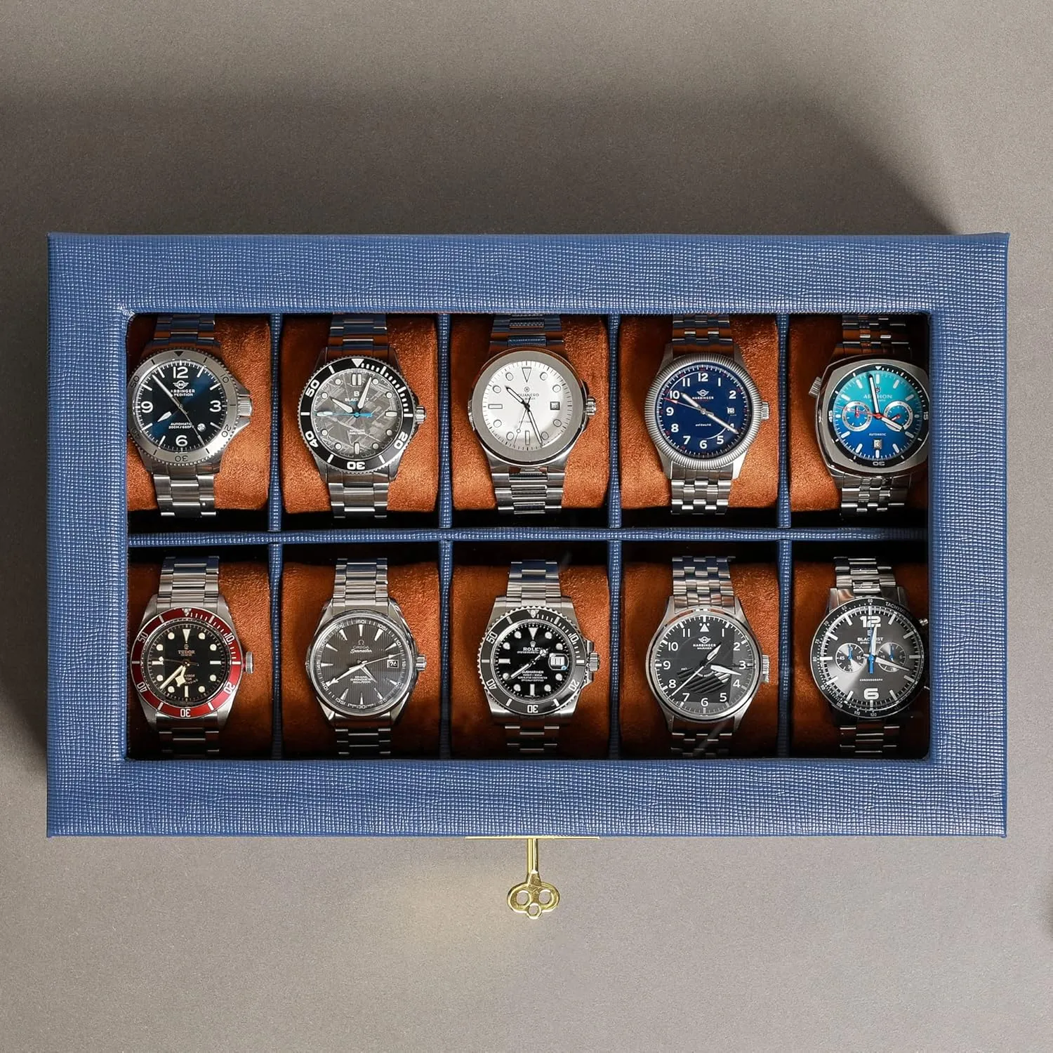 Top - Box Organizer for Men and Women galaxy verbalize chemist gold (Blue/Tan) ROTHWELL 10 Slot Leather Watch Box - Luxury Case Display Jewelry Organizer - Locking Watch Display Case Holder with Large Glass 