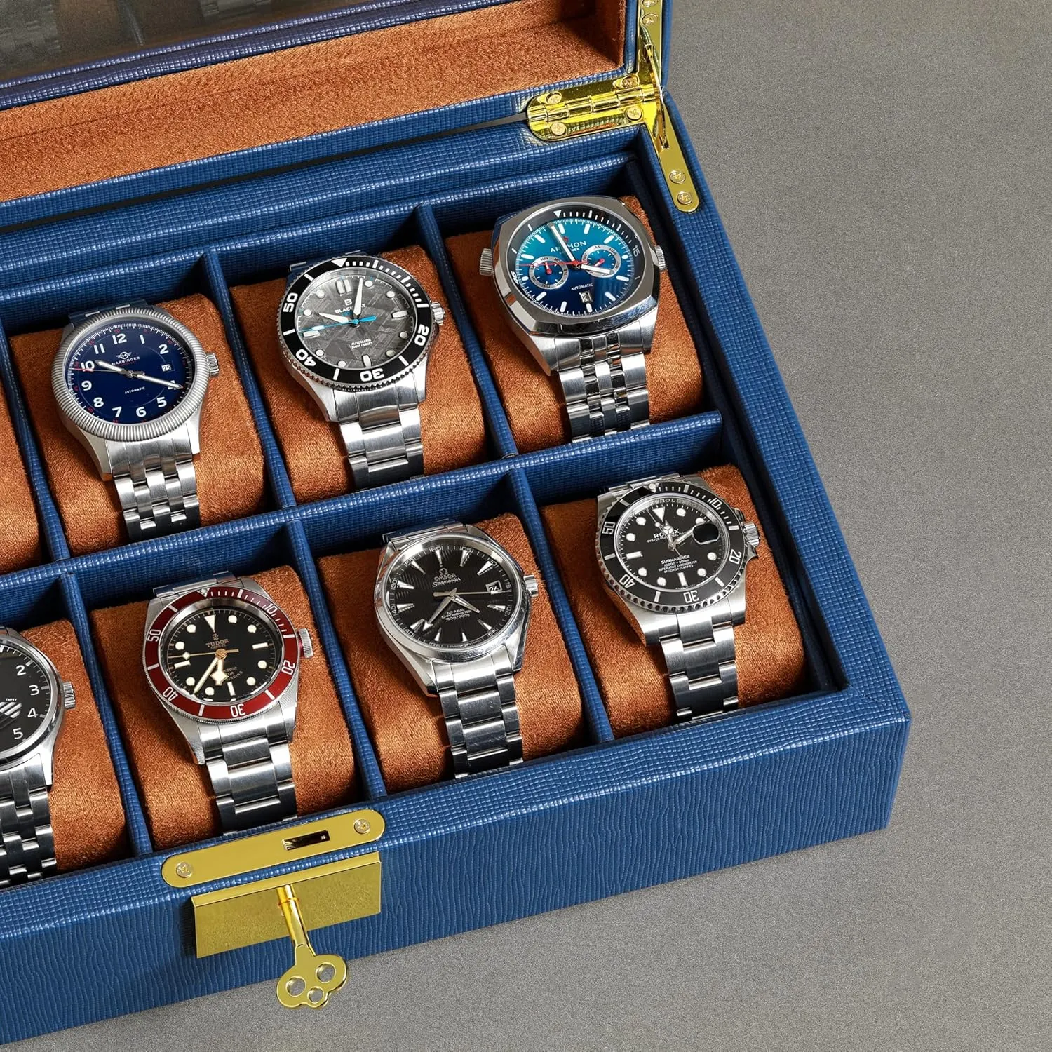Top - Box Organizer for Men and Women galaxy verbalize chemist gold (Blue/Tan) ROTHWELL 10 Slot Leather Watch Box - Luxury Case Display Jewelry Organizer - Locking Watch Display Case Holder with Large Glass 