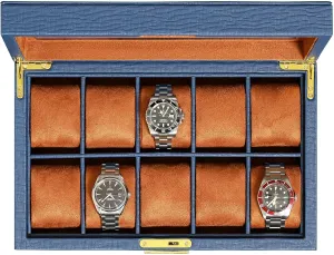 Top - Box Organizer for Men and Women galaxy verbalize chemist gold (Blue/Tan) ROTHWELL 10 Slot Leather Watch Box - Luxury Case Display Jewelry Organizer - Locking Watch Display Case Holder with Large Glass 