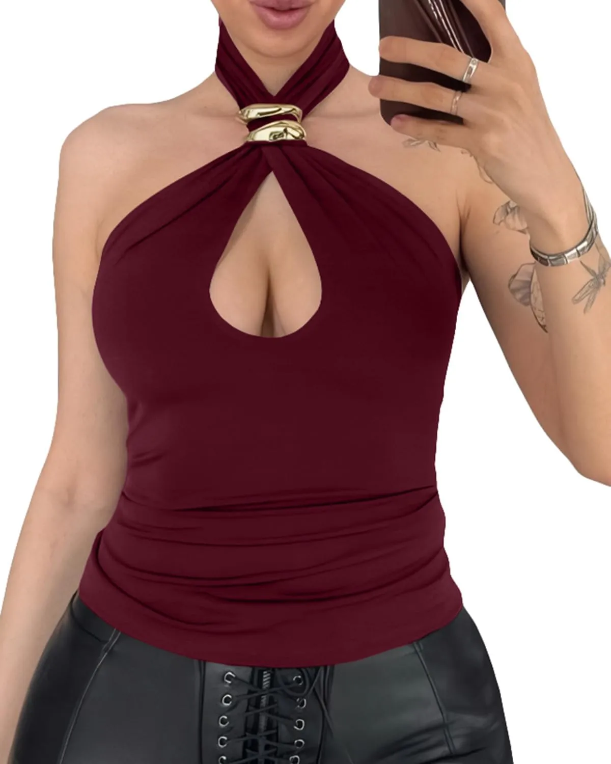 Tops Y2K proponent sober cable Aesthetic Backless Slim Fit Summer Clubwear BAIGRAM Women Sleeveless Gold Ring Keyhole Cutout Halter Crop Tank 