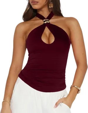 Tops Y2K proponent sober cable Aesthetic Backless Slim Fit Summer Clubwear BAIGRAM Women Sleeveless Gold Ring Keyhole Cutout Halter Crop Tank 