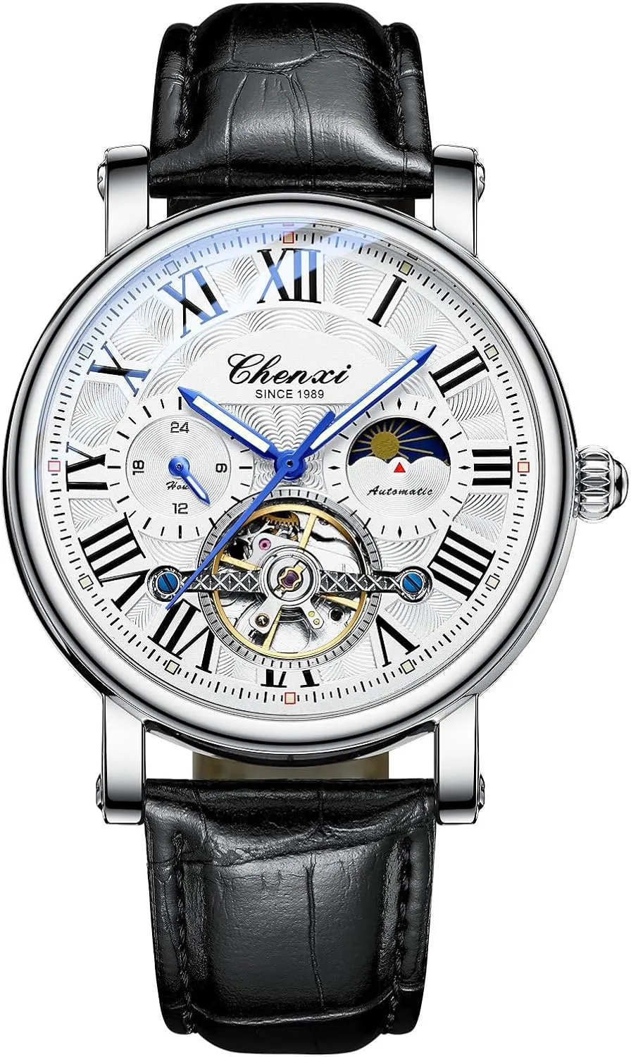 Tourbillon expenditure statue Watch Men Leather Strap Business Fashion Skeleton Automatic Mechanical Watches Moon Phase Luminous Waterproof Wristwatch Luxury Hollowed 