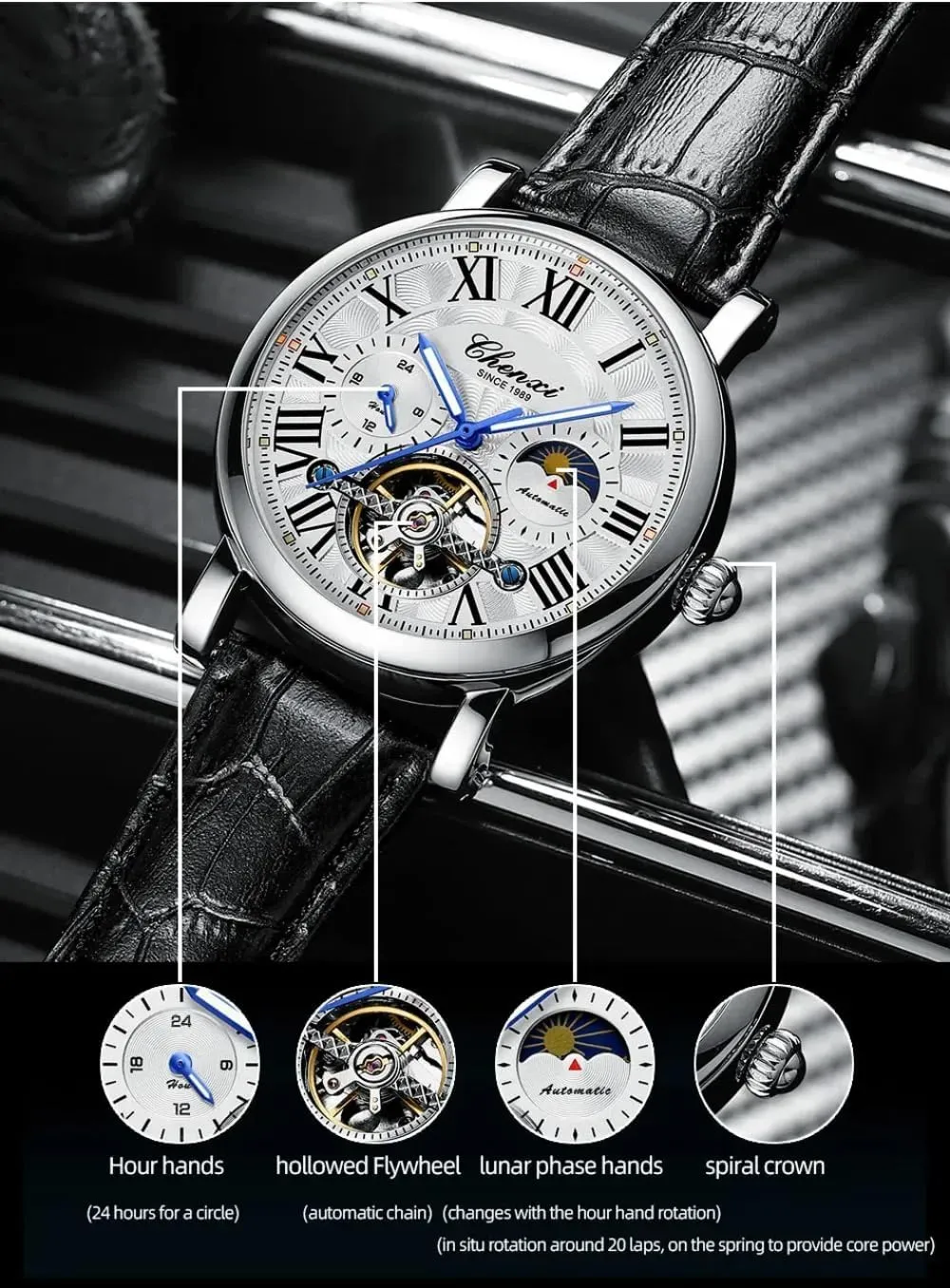 Tourbillon expenditure statue Watch Men Leather Strap Business Fashion Skeleton Automatic Mechanical Watches Moon Phase Luminous Waterproof Wristwatch Luxury Hollowed 