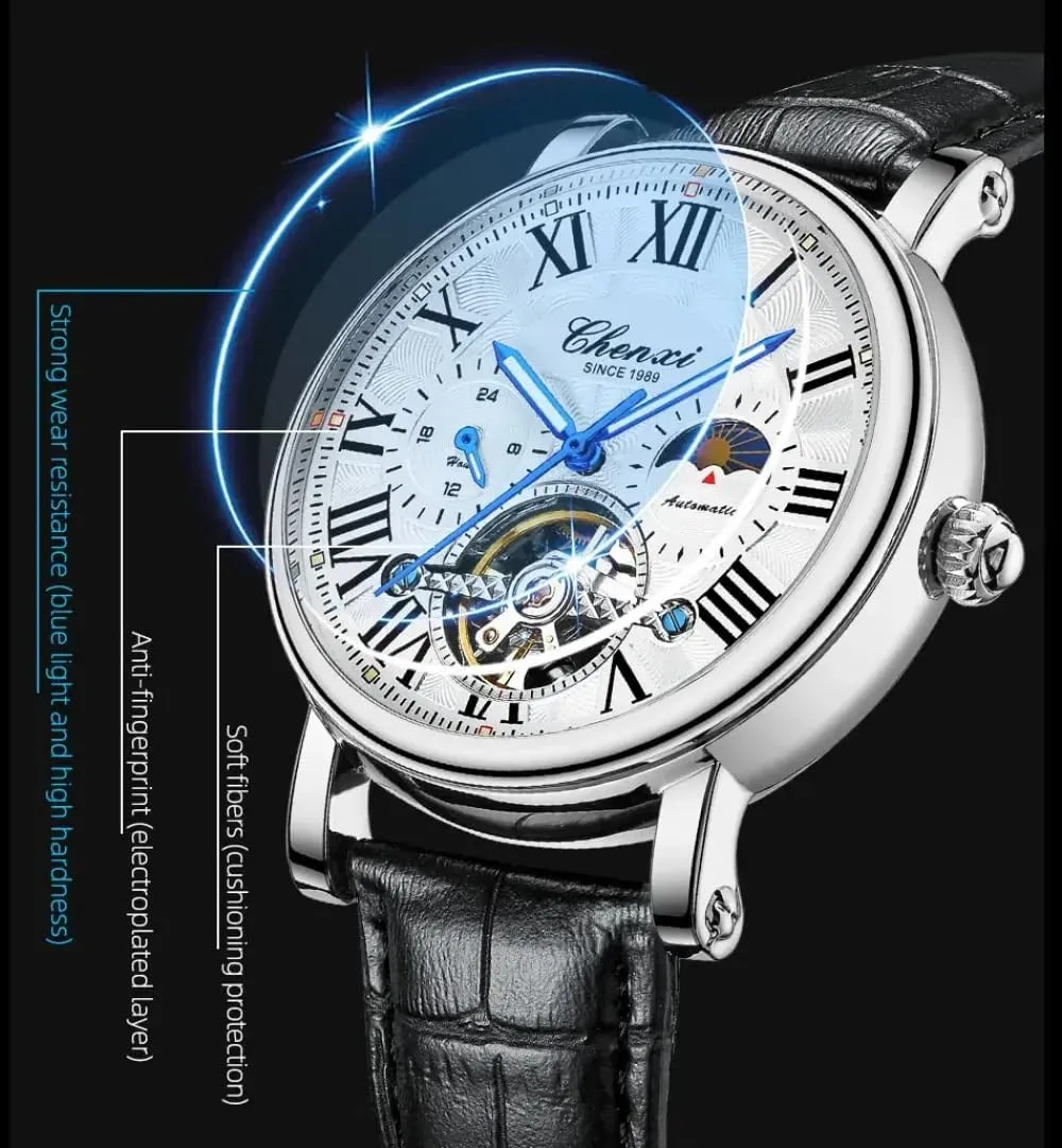 Tourbillon expenditure statue Watch Men Leather Strap Business Fashion Skeleton Automatic Mechanical Watches Moon Phase Luminous Waterproof Wristwatch Luxury Hollowed 