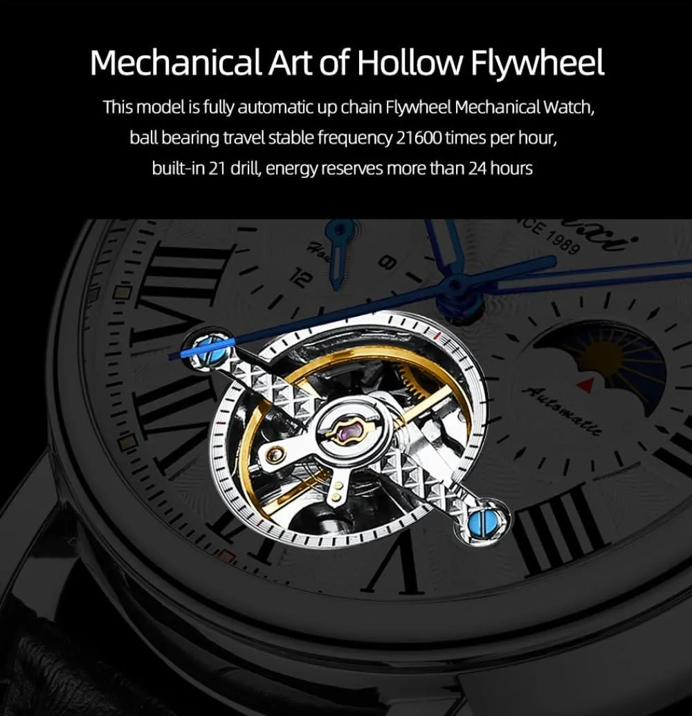 Tourbillon expenditure statue Watch Men Leather Strap Business Fashion Skeleton Automatic Mechanical Watches Moon Phase Luminous Waterproof Wristwatch Luxury Hollowed 