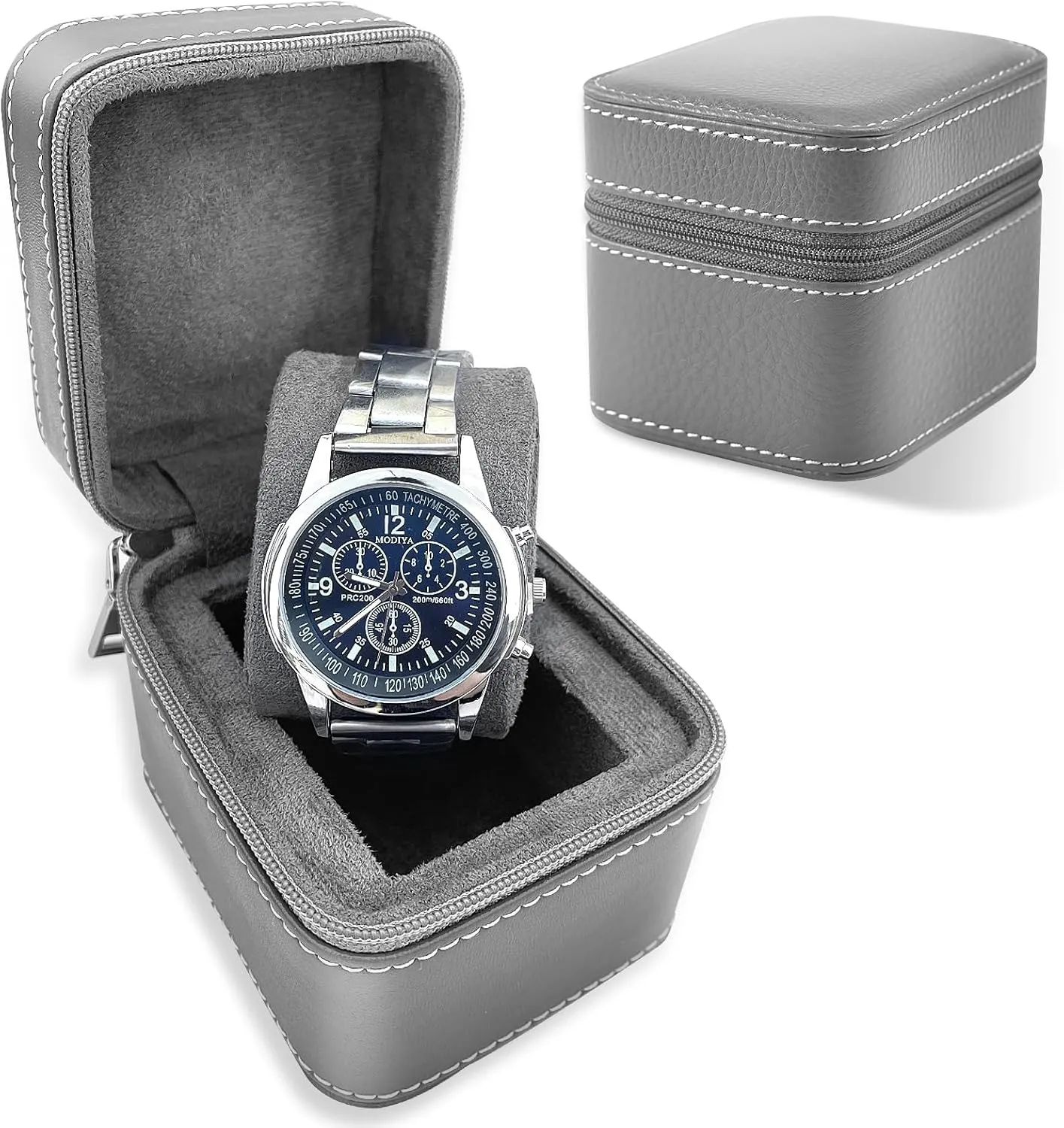 Travel Case with Accessory Compartment - Compact PU Leather printer Protective Box, Microsuede Interior, Fits Watches & Smartwatches Up to 55mm, Gray Single Watch 