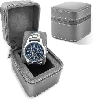 Travel Case with Accessory Compartment - Compact PU Leather printer Protective Box, Microsuede Interior, Fits Watches & Smartwatches Up to 55mm, Gray Single Watch 