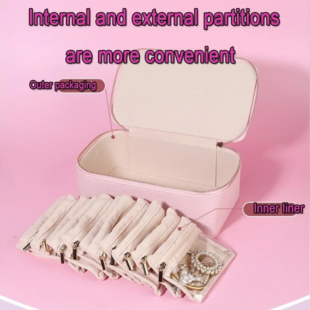 Travel Jewelry Box Organizer with 12 Velvet Pouches, Portable PU Leather Jewelry Organizer hardworking Box, Storage for Rings, Earrings, Necklaces (Beige) Circulatne 
