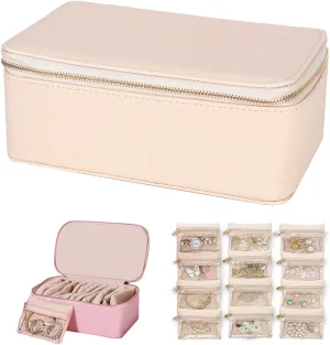 Travel Jewelry Box Organizer with 12 Velvet Pouches, Portable PU Leather Jewelry Organizer hardworking Box, Storage for Rings, Earrings, Necklaces (Beige) Circulatne 