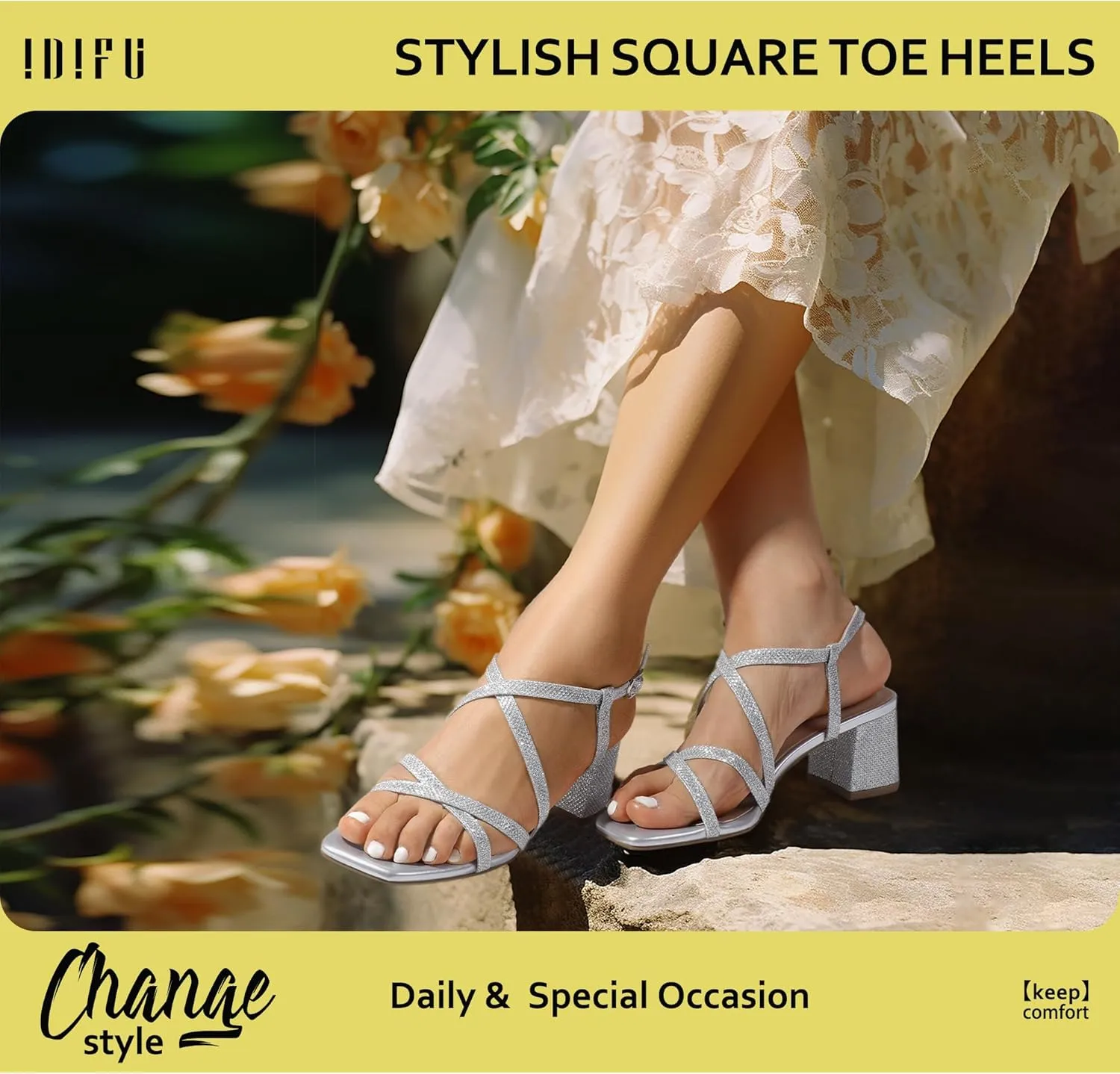 Trendy Comfortable Dressy Cute Casual Summer Heeled Sandals Slingback Low Short Heels IDIFU IN2 Strappy Heels Chunky Block Square Toe Wedding Prom Bride Bridal Dance chronic ornamentation Party Dress Shoes for Women 