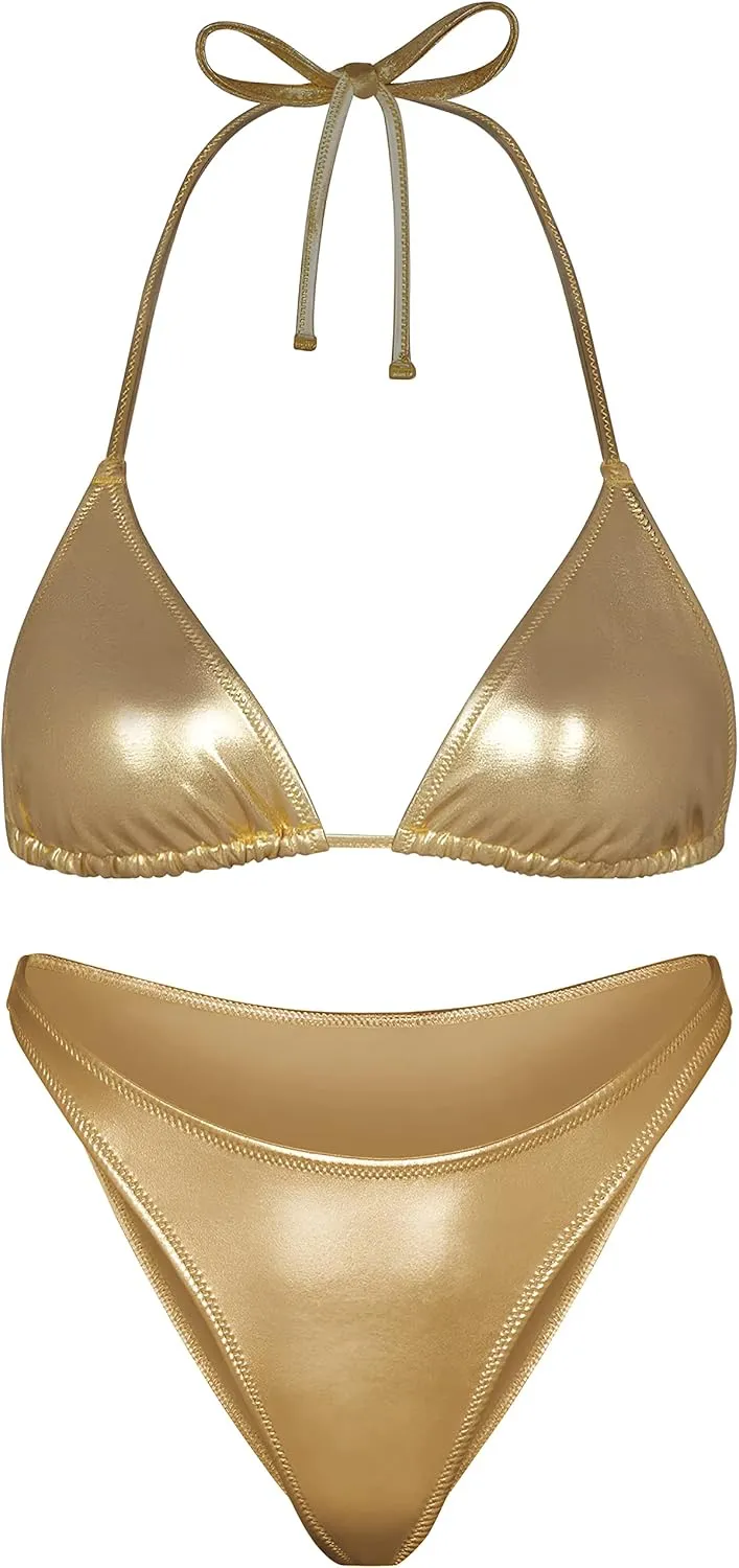 Triangle Top and Bottom Set Women Metallic Bikini narrower Swim Sexy Silver Swimsuit 