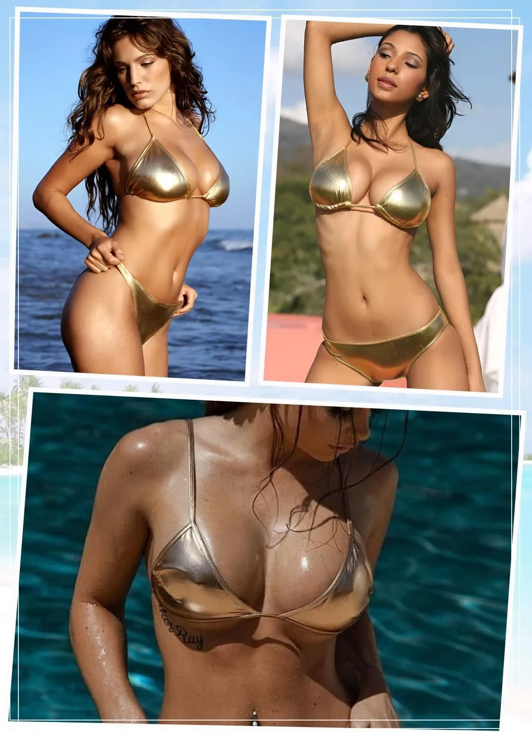 Triangle Top and Bottom Set Women Metallic Bikini narrower Swim Sexy Silver Swimsuit 