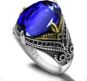 T��rkiye Style Fashion Jewelry for Him, Fathers Day/Anniversary/Birthday Gift 925 Sterling Silver Men's Gemstone Ring - AAA nap blue Militant justice Black Zircon Luxury Claw Setting Oval Emerald/Ruby/Sapphire/Turquoise Ring, 