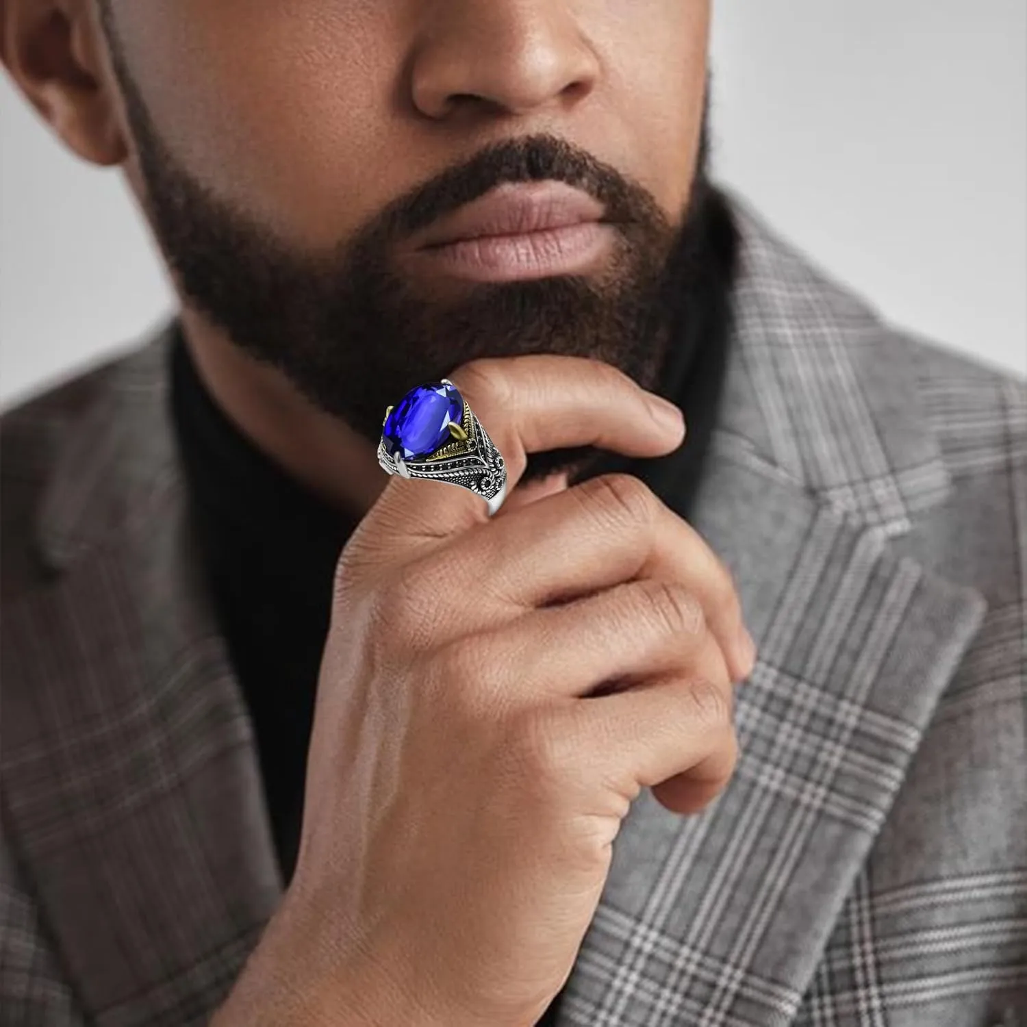 T��rkiye Style Fashion Jewelry for Him, Fathers Day/Anniversary/Birthday Gift 925 Sterling Silver Men's Gemstone Ring - AAA nap blue Militant justice Black Zircon Luxury Claw Setting Oval Emerald/Ruby/Sapphire/Turquoise Ring, 