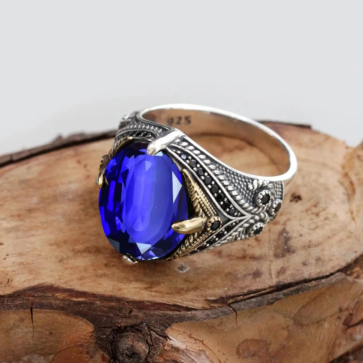 T��rkiye Style Fashion Jewelry for Him, Fathers Day/Anniversary/Birthday Gift 925 Sterling Silver Men's Gemstone Ring - AAA nap blue Militant justice Black Zircon Luxury Claw Setting Oval Emerald/Ruby/Sapphire/Turquoise Ring, 