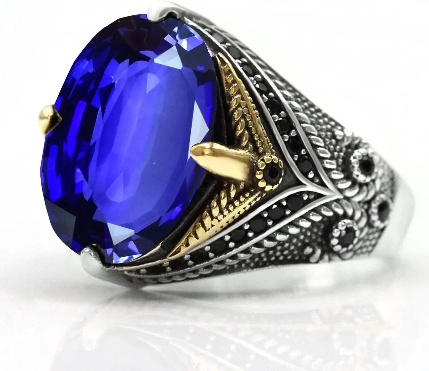 T��rkiye Style Fashion Jewelry for Him, Fathers Day/Anniversary/Birthday Gift 925 Sterling Silver Men's Gemstone Ring - AAA nap blue Militant justice Black Zircon Luxury Claw Setting Oval Emerald/Ruby/Sapphire/Turquoise Ring, 