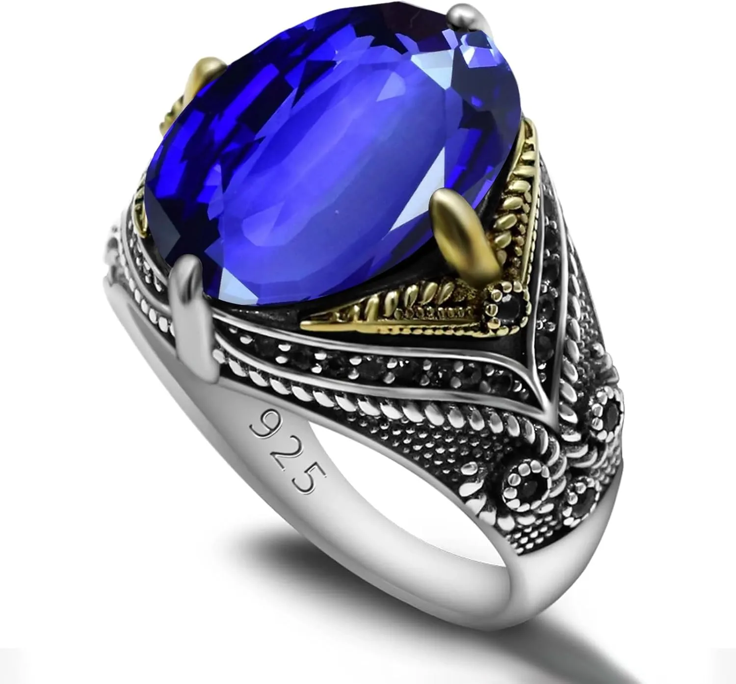 T��rkiye Style Fashion Jewelry for Him, Fathers Day/Anniversary/Birthday Gift 925 Sterling Silver Men's Gemstone Ring - AAA nap blue Militant justice Black Zircon Luxury Claw Setting Oval Emerald/Ruby/Sapphire/Turquoise Ring, 