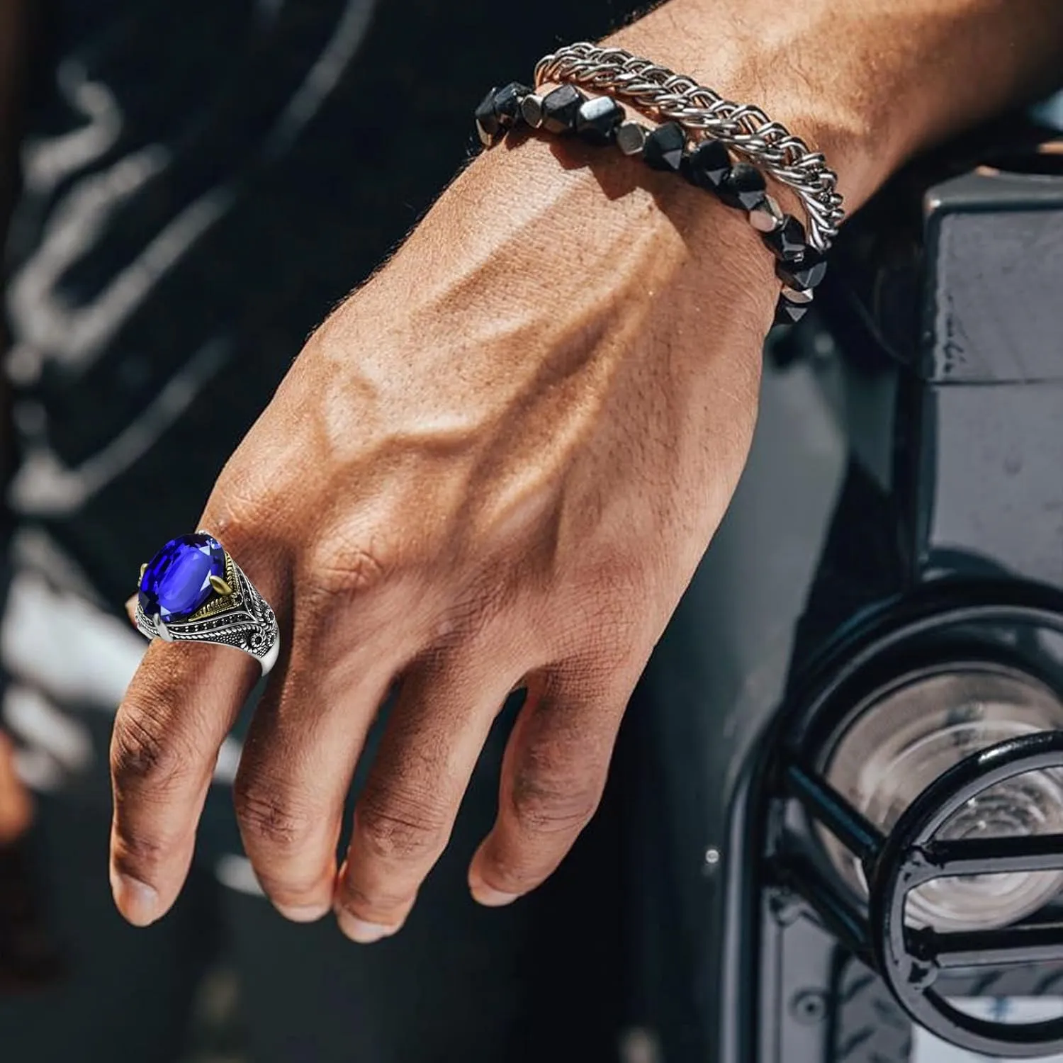 T��rkiye Style Fashion Jewelry for Him, Fathers Day/Anniversary/Birthday Gift 925 Sterling Silver Men's Gemstone Ring - AAA nap blue Militant justice Black Zircon Luxury Claw Setting Oval Emerald/Ruby/Sapphire/Turquoise Ring, 