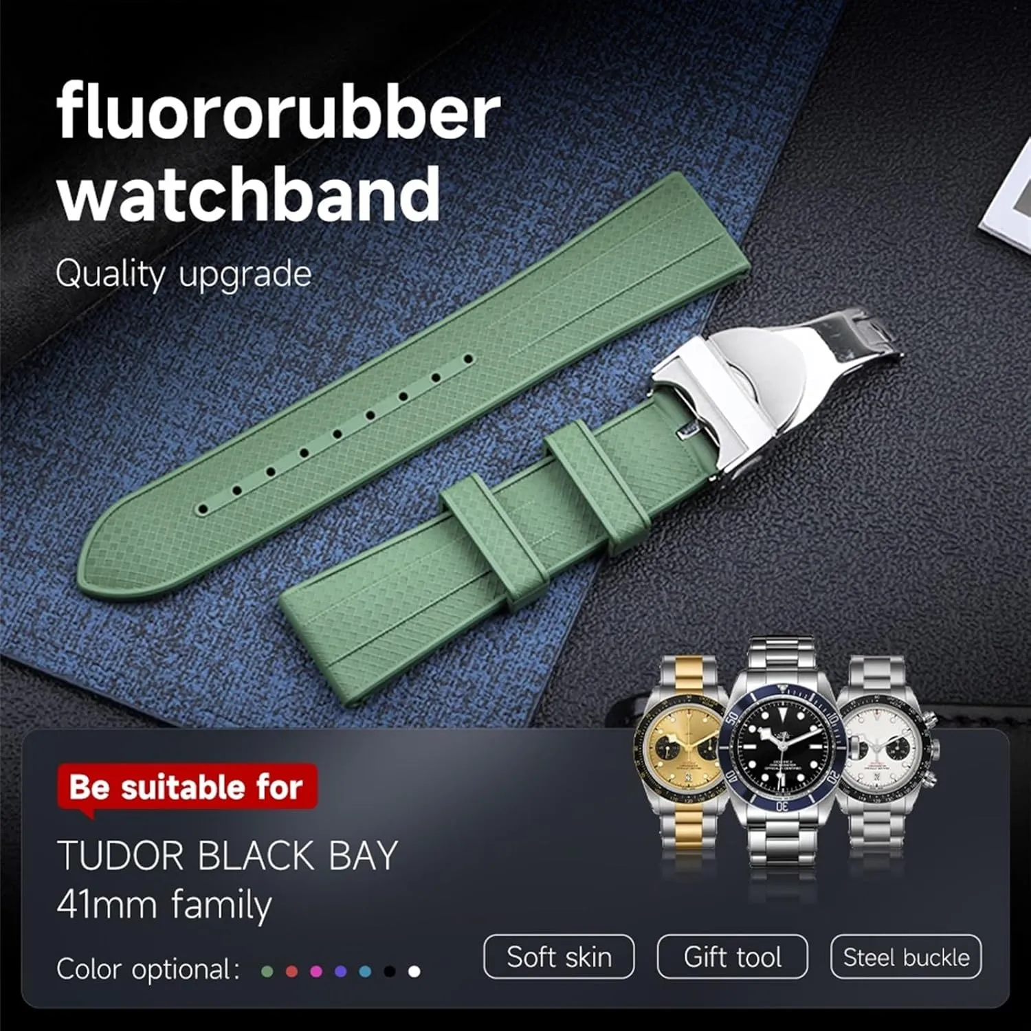 TUDOR Strap M79360.M79363 Stainless Fold Buckle Black Bay 1958 participant GMT 41mm Pelagos 22mm Flat End Soft Fluororubber Watch Band For 