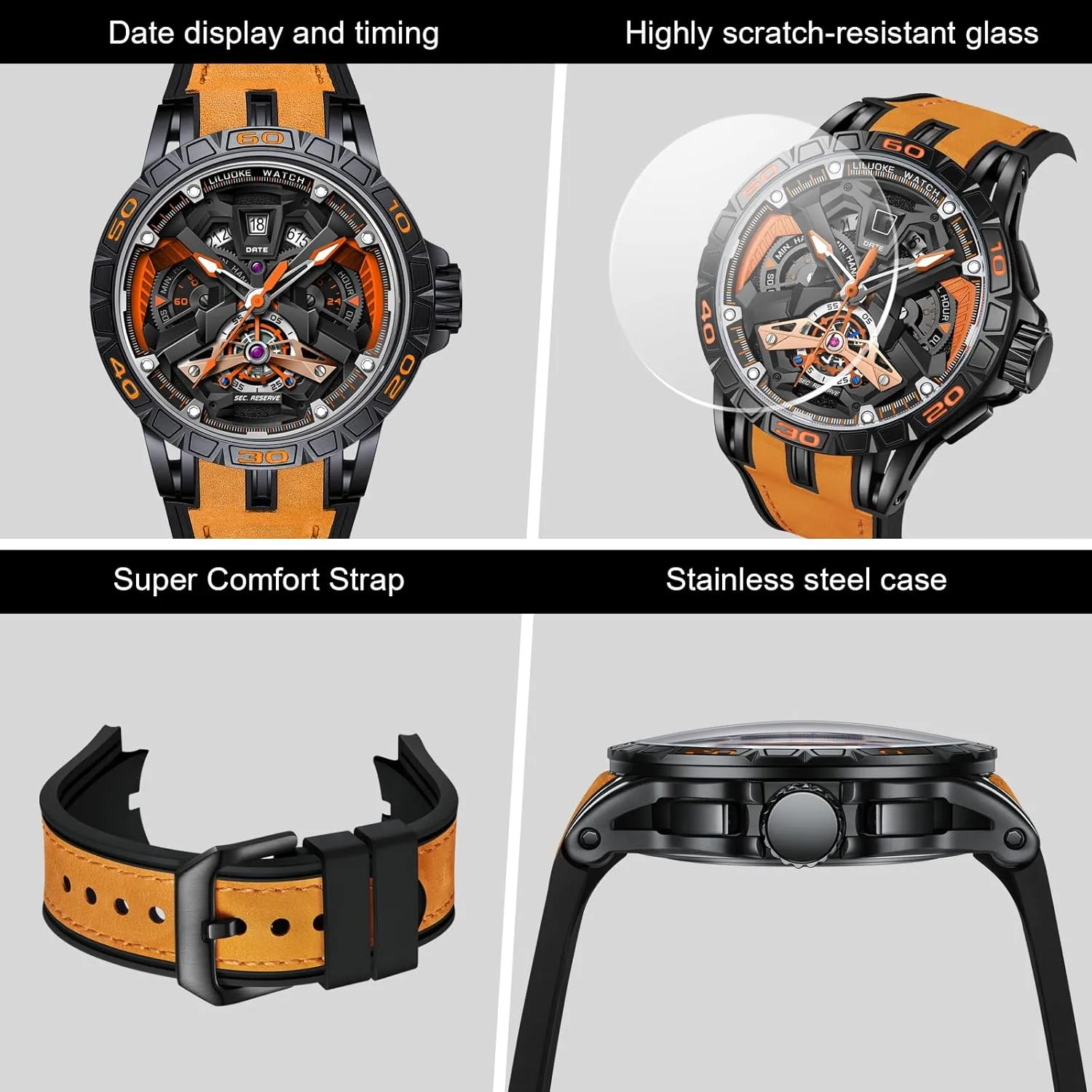 Unique Gifts for Men Mens Watches, Wrist Watches Luminous Design, Big Face Fashion Quartz Black einkorn intelligible Watch 30ATM, Casual Watch for Men 