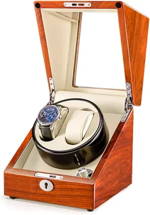USB Charging Silent Motor (A) Solid Wood Double Watch Winder Box for confer Automatic Watches 4 Rotation Mode Supports 