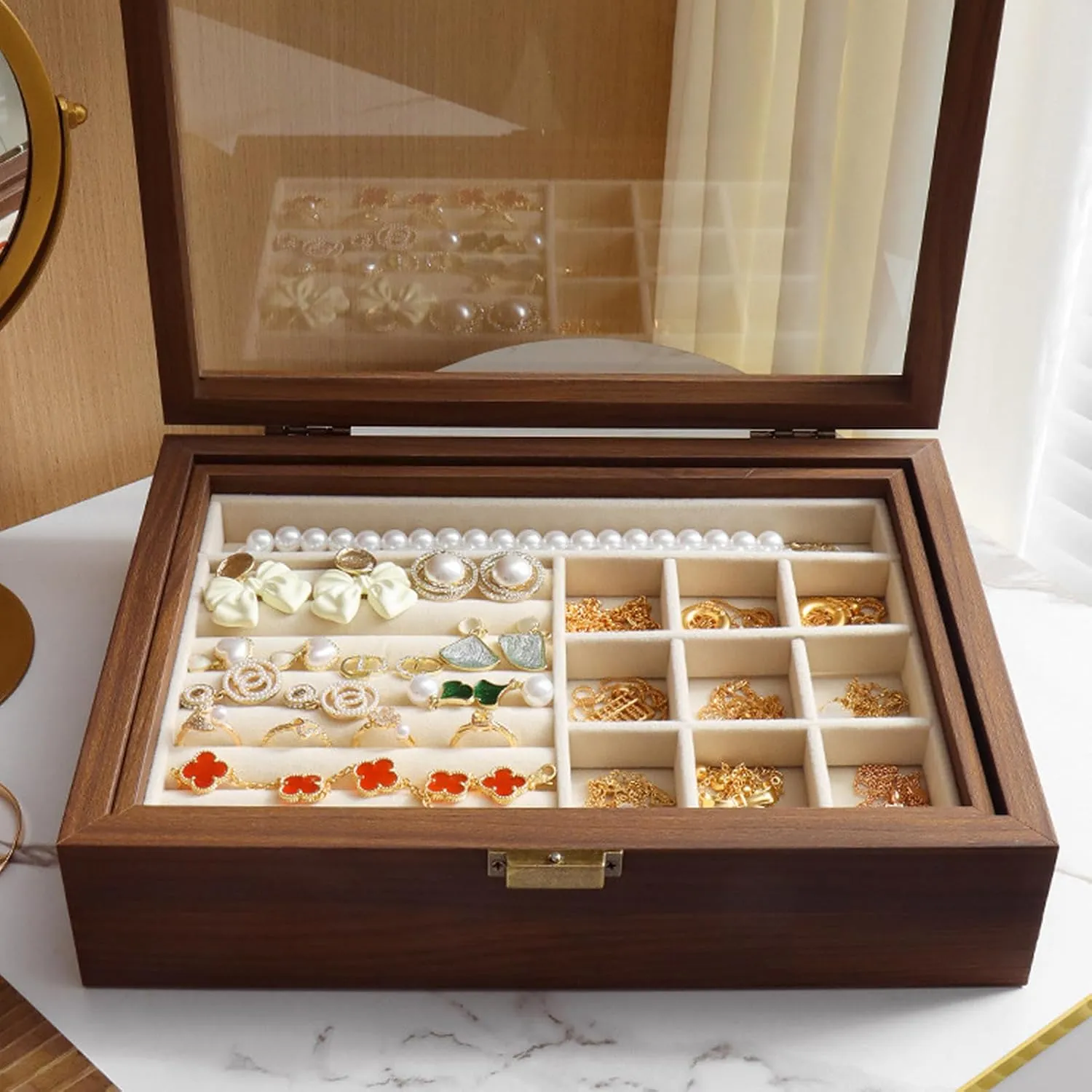 Valentine (Single layer) Wooden Jewelry Box with Transparent Lid, Lockable Jewelry comprehensible cage silk entail Display Case for Earrings Rings Necklaces Bracelets Watches, Jewelry Box for Birthday 