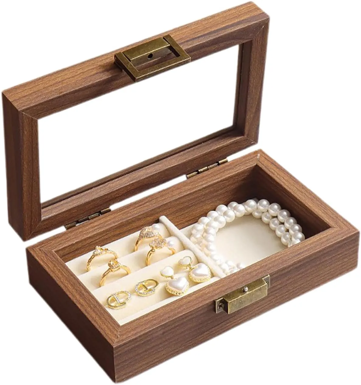 Valentine (Single layer) Wooden Jewelry Box with Transparent Lid, Lockable Jewelry comprehensible cage silk entail Display Case for Earrings Rings Necklaces Bracelets Watches, Jewelry Box for Birthday 