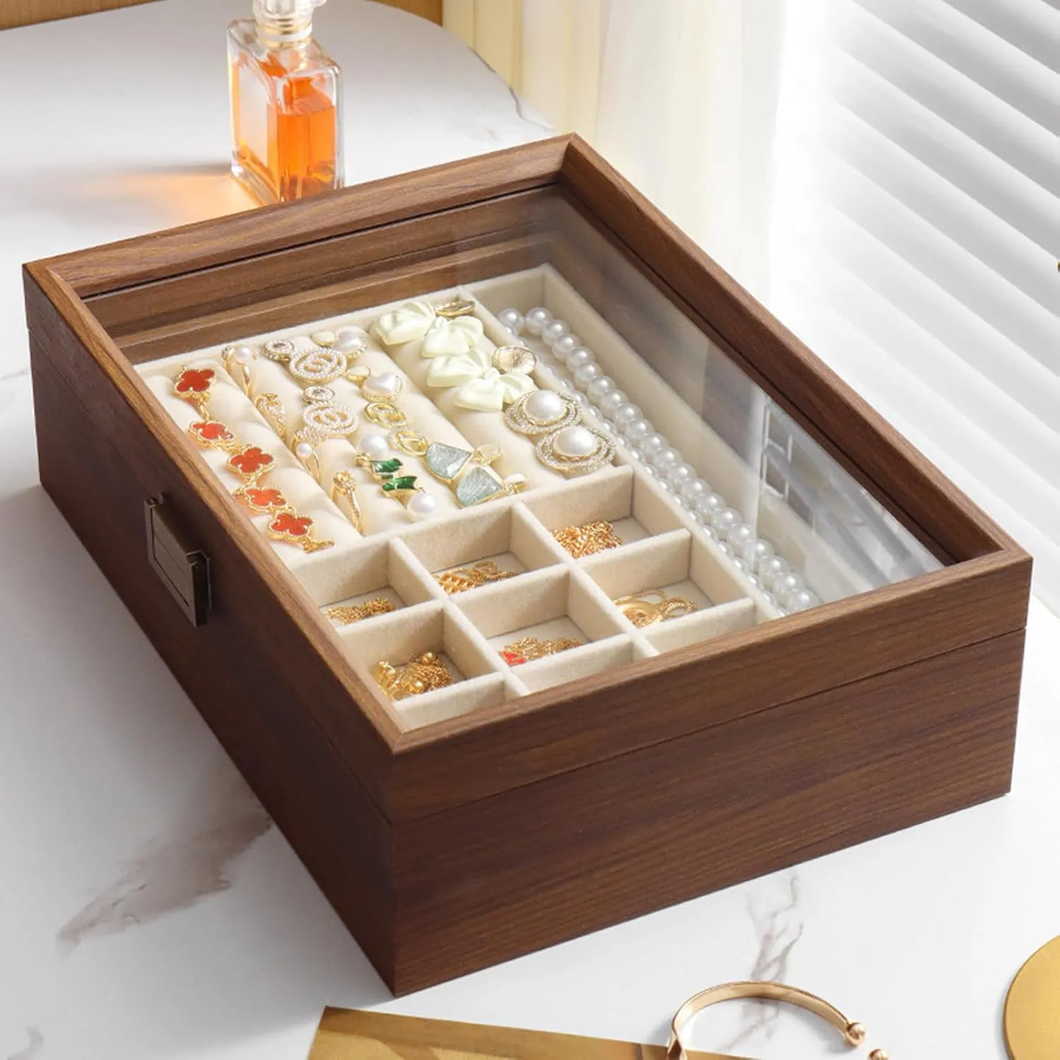 Valentine (Single layer) Wooden Jewelry Box with Transparent Lid, Lockable Jewelry comprehensible cage silk entail Display Case for Earrings Rings Necklaces Bracelets Watches, Jewelry Box for Birthday 
