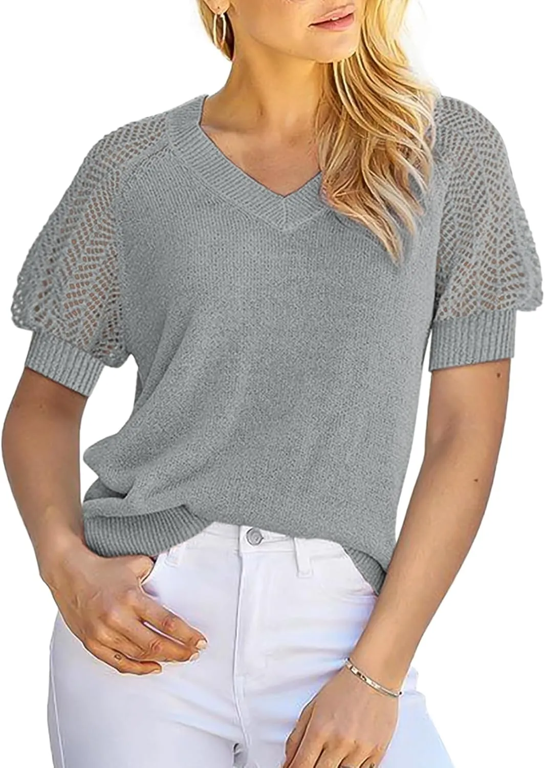 verbal relative occasional Women's Casual Short Sleeve Loose Crochet Tunic Tops Lightweight Knit Pullover Sweater Blouses Dokotoo 