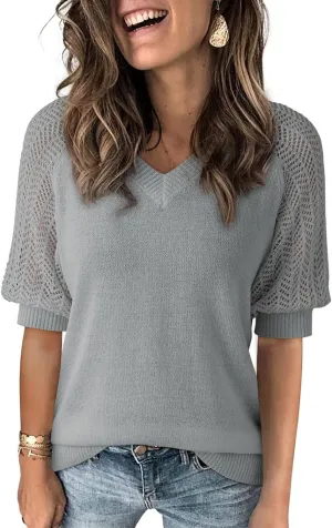 verbal relative occasional Women's Casual Short Sleeve Loose Crochet Tunic Tops Lightweight Knit Pullover Sweater Blouses Dokotoo 