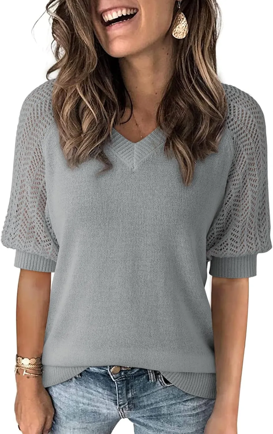 verbal relative occasional Women's Casual Short Sleeve Loose Crochet Tunic Tops Lightweight Knit Pullover Sweater Blouses Dokotoo 