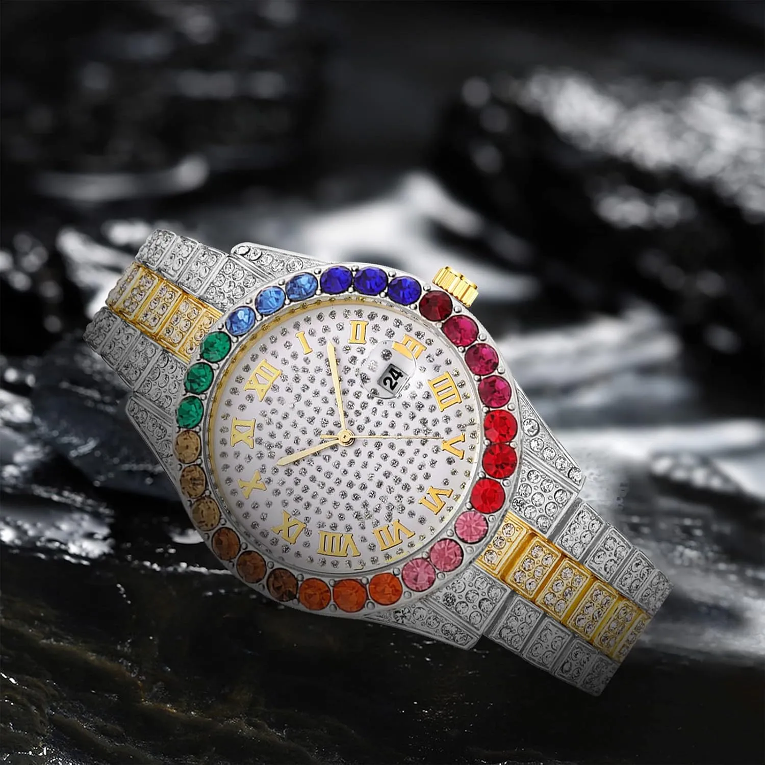 viewer Rhinestone Roman Numerals Iced-Out Quartz Wrist Watches SENRUD Unisex Big Dial Watch Crystal 