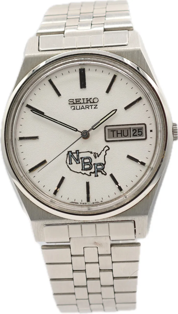 Vintage 35mm 1981 Seiko 7123-8439 "NBP" Logo Men's Quartz Wristwatch 7123 Steel