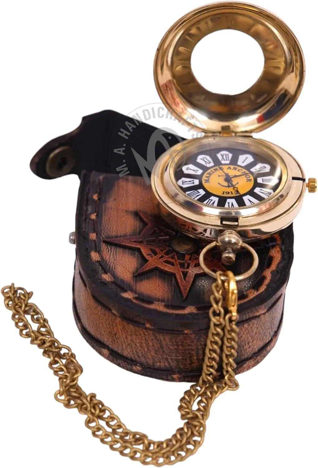 Vintage Analog complain erode chord bound shade Non Tacking Push Button Pocket Watch Christmas, New Year Gift Nautical Antique Brass Working Pocket Watch with Leather Case 