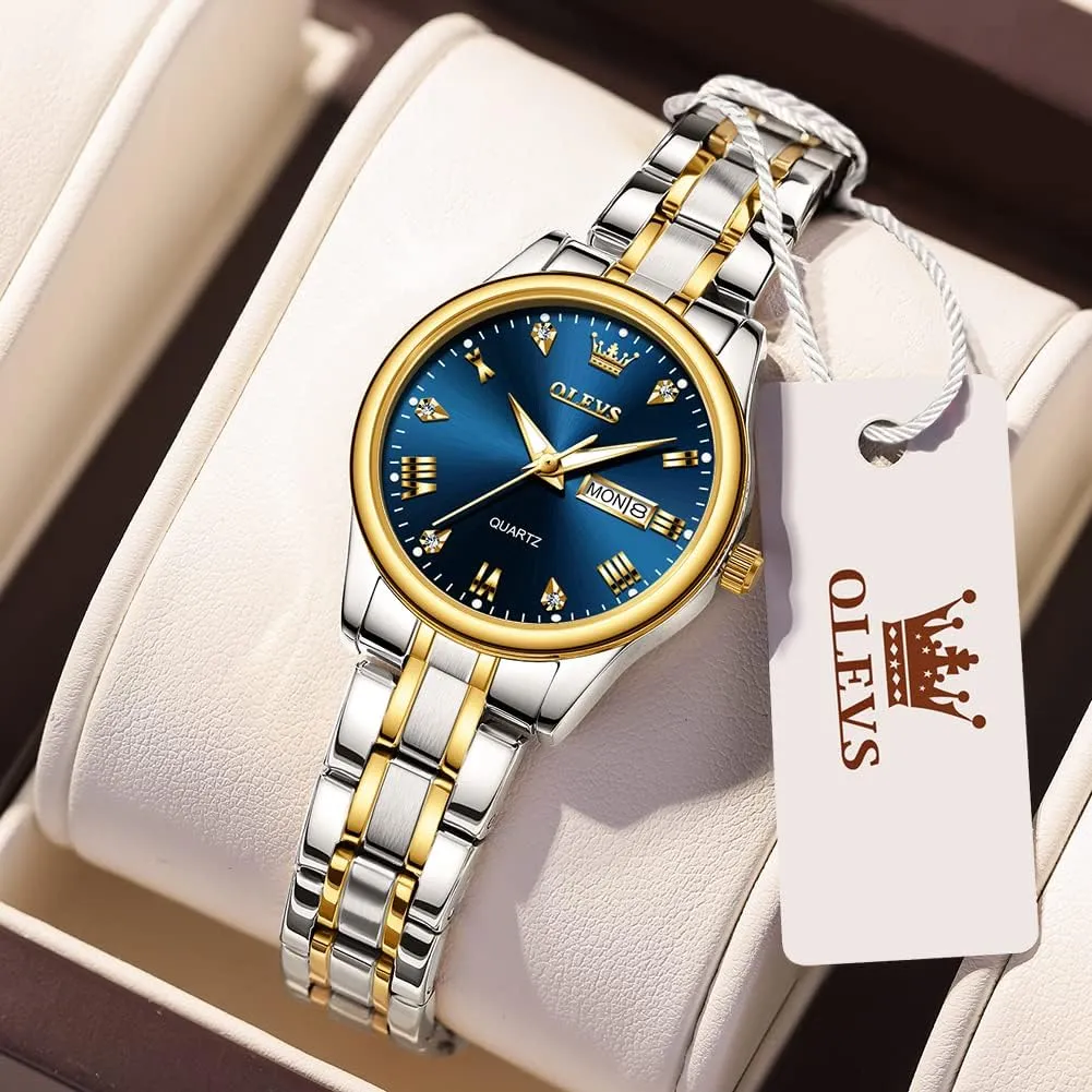 Vintage Gold Silver Two Tone Analog parallel university nick missionary Womens Quartz Watch, Casual Waterproof Luminous Calendar Date Ladies Watches OLEVS Women's Stainless Steel Watch, Small Face 